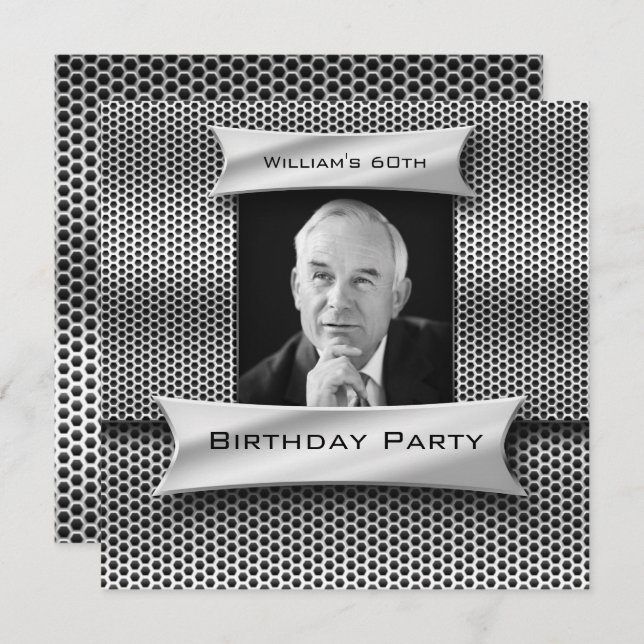 Mans Vintage 60th Silver Metal Black Birthday Invitation (Front/Back)