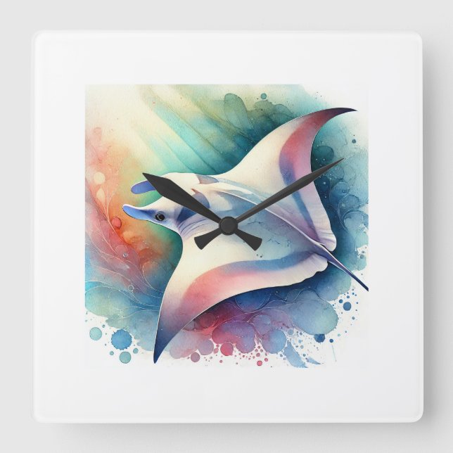 Manta Ray 031024AREF134 - Watercolor Square Wall Clock (Front)