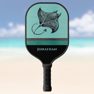 Manta Ray on Teal Faux Brushed Metal Monogrammed Pickleball Paddle