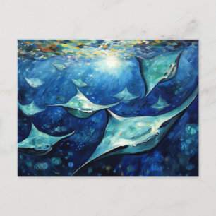 Manta Rays in Expressive Ocean Oil Painting Postcard