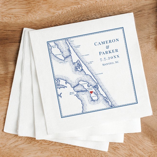 Manteo NC Outer Banks OBX Navy Elegant Wedding Napkin (Manteo NC custom wedding cocktail napkins with elegant navy blue Outer Banks OBX map)
