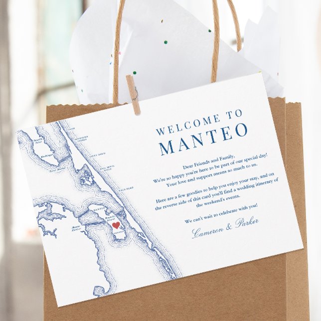 Manteo NC Outer Banks Wedding Welcome Itinerary Thank You Card (Manteo NC Map Wedding Welcome Letter and Weekend Events Itinerary with elegant navy blue Outer Banks)