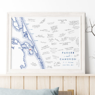 Manteo NC Wedding Map Navy Blue Guest Book Poster