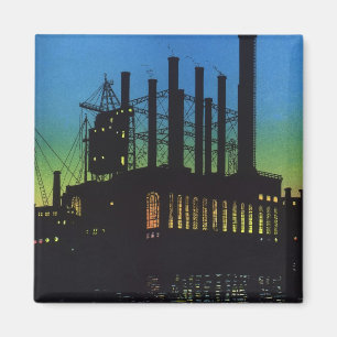 Manufacturing Factory at Sunset, Vintage Business Magnet