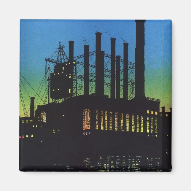 Manufacturing Factory at Sunset, Vintage Business Magnet (Front)