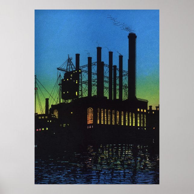 Manufacturing Factory at Sunset, Vintage Business Poster (Front)