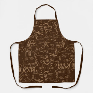 Manuscript Names Stamped All Over Brown Apron