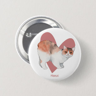 Manx Cat Watercolor Kitty Pink Heart Button