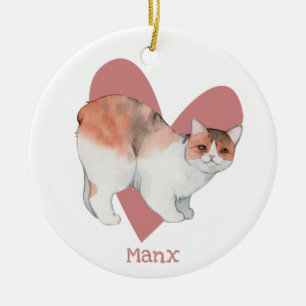 Manx Cat Watercolor Kitty Pink Heart Ceramic Tree Decoration