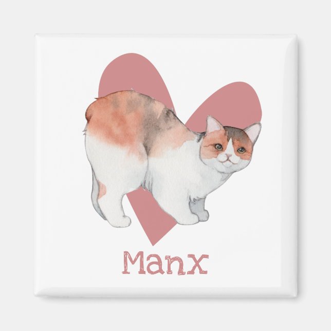 Manx Cat Watercolor Kitty Pink Heart Magnet (Front)
