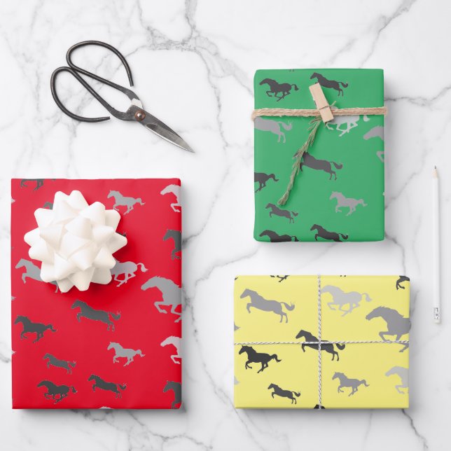 Many Black White Grey Horses Wrapping Paper Sheets (Front)