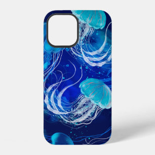 Many blue jellyfishes swimming underwater. Seamles iPhone 12 Case