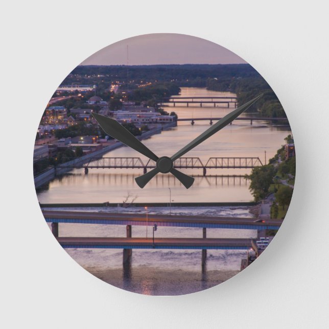 Many Bridges Span The Grand River, Sunset View Round Clock (Front)