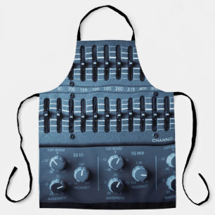 Many buttons on a sound mixer in a recording studi apron