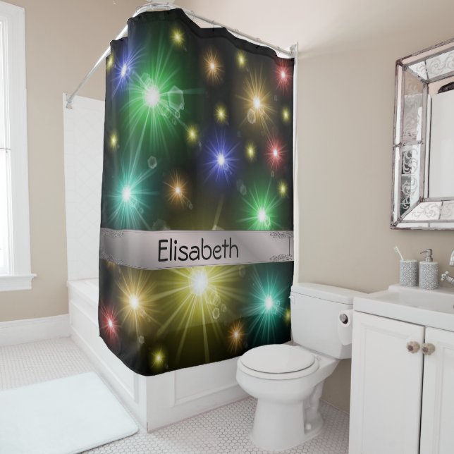 many colourful glowing festive lights shower curta curtain (In Situ)