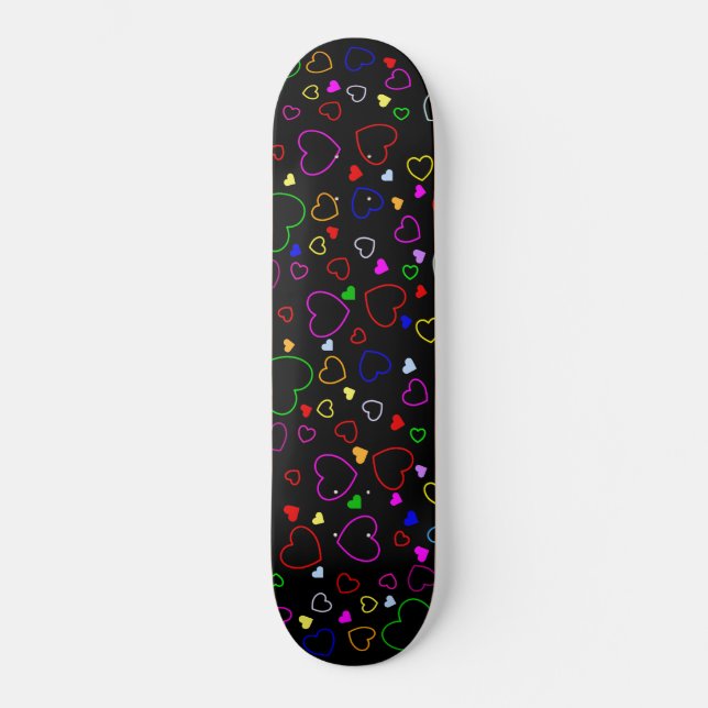 Many Colourful Hearts On Black Skateboard (Front)