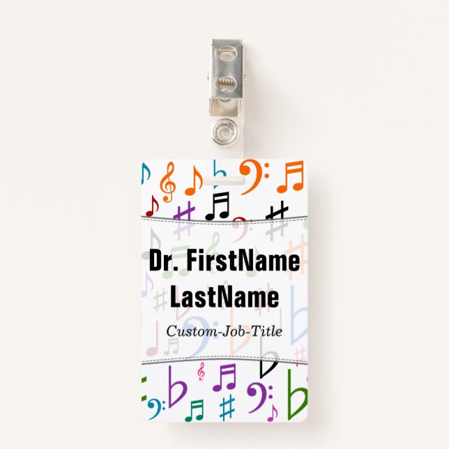 Many Colourful Music Notes and Symbols; Custom ID Badge (Front with Clip)