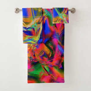 Many crooked squares with colourful 'brushstrokes' bath towel set