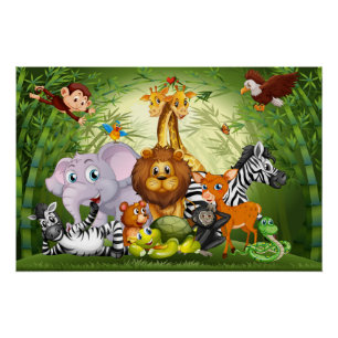 Many Cute Animals Bamboo Forest Poster