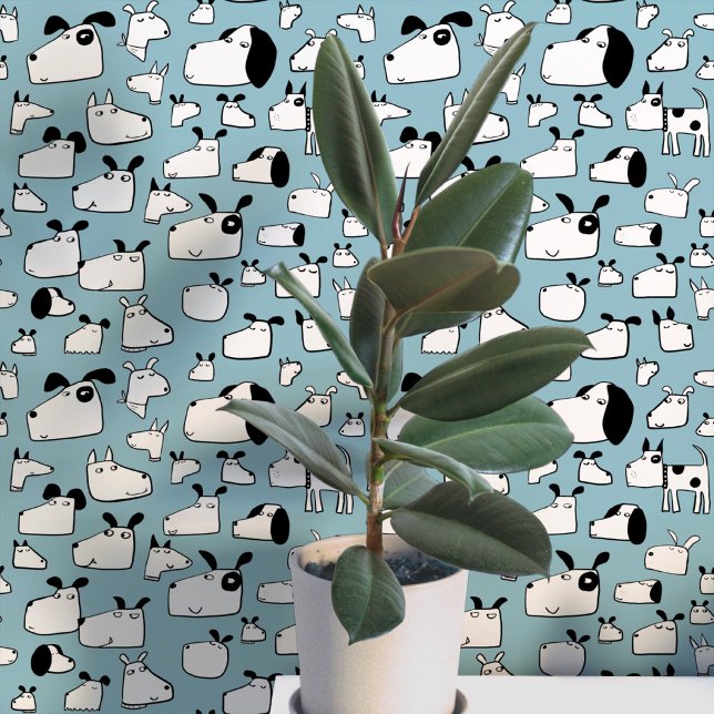 Many Dogs Doodle Drawing Teal Blue Wallpaper (Fun cartoon doodle dog teal blue green wallpaper for animal lovers)