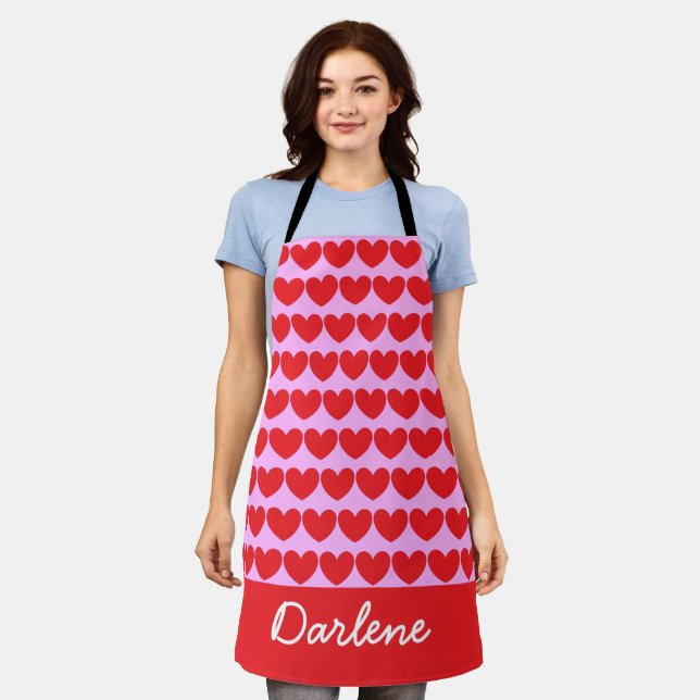 Many Hearts, Red & Lavender  Apron (Worn)