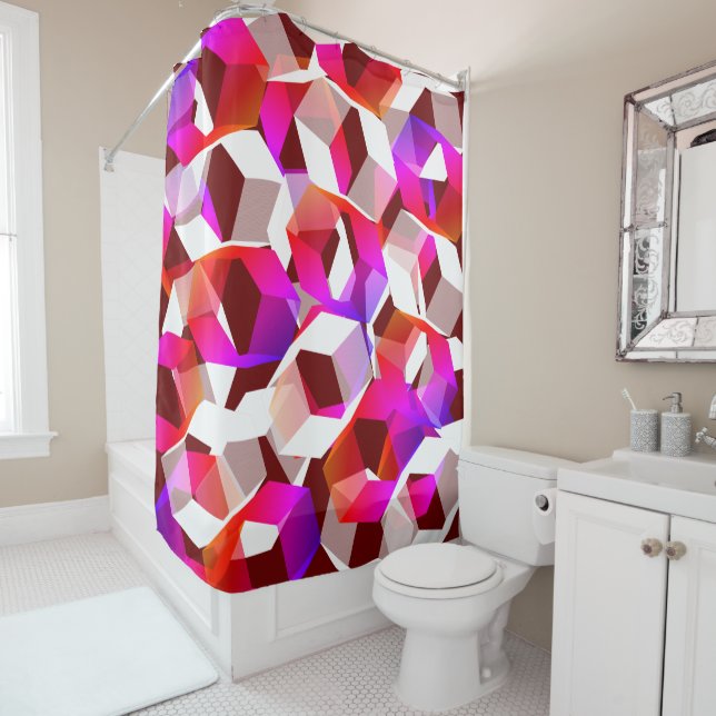 Many hexagons coloured, on dark red background shower curtain (In Situ)