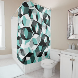 Many hexagons with colourless parts, on light teal shower curtain