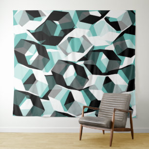 Many hexagons with colourless parts, on light teal tapestry