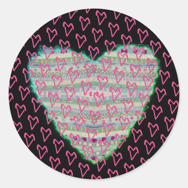 Many Jolly Happy Green and Pink Hearts Classic Round Sticker (Front)