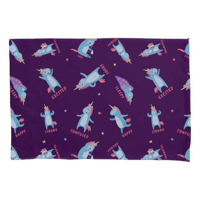 Many Moods of a Pink, Blue, and Purple Unicorn Pillowcase (Front)