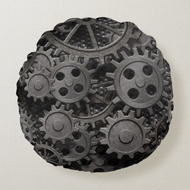 Many old rusty metal gears or machine parts round cushion (Front)