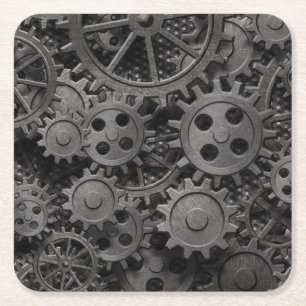Many old rusty metal gears or machine parts square paper coaster