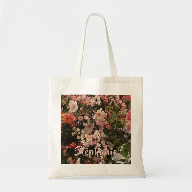 Many Pink White Flowers Floral Personalized Name Tote Bag (Front)