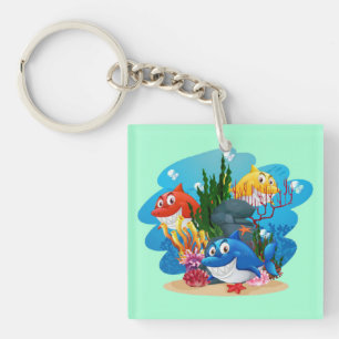 Many Sharks Underwater Cartoon-23986 Key Ring