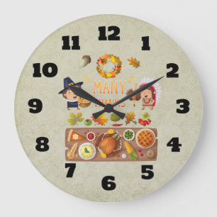 Many Thanks Pilgrim And Native Thanksgiving Feast Large Clock