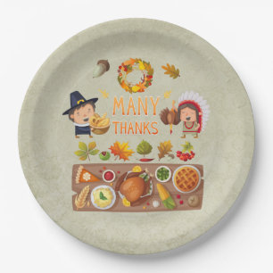 Many Thanks Pilgrim And Native Thanksgiving Feast Paper Plate