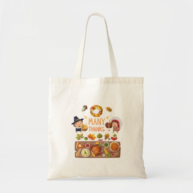 Many Thanks Pilgrim And Native Thanksgiving Feast Tote Bag (Front)