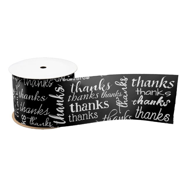 Many Thanks White Text On Black Satin Ribbon (Spool)