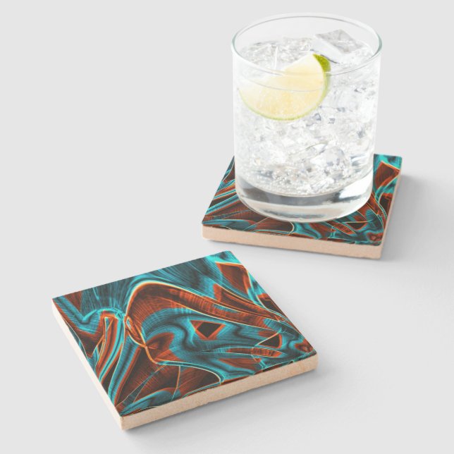 Many twisted red and sky blue burnt with grooves stone coaster (Side)