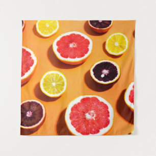 Many variety citrus fruits pattern in sunlight on tapestry