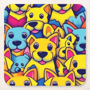 Many yellow dogs happy dogs square paper coaster