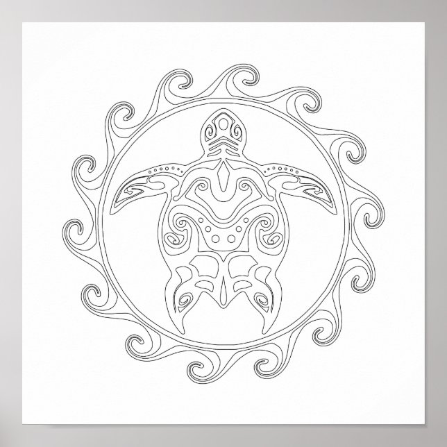 Maori Sun Tribal Turtle Adult Colouring Poster (Front)