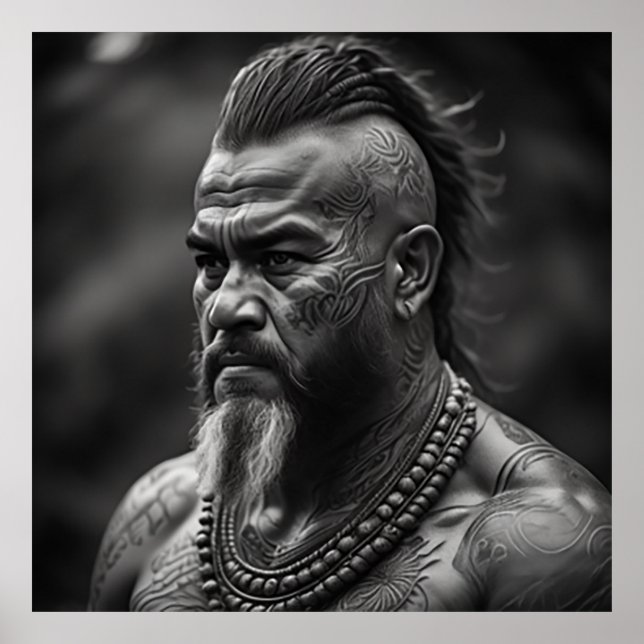 Maori Warrior Chief with Face Tattoos Poster (Front)