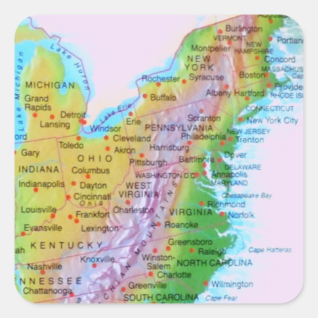 Map Appalachian Mountains East Coast US Photo Square Sticker (Front)