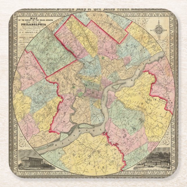 Map Around The City Of Philadelphia Square Paper Coaster (Front)