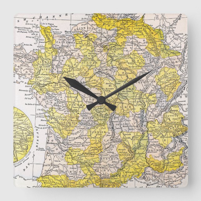 MAP: FRANCE SQUARE WALL CLOCK (Front)