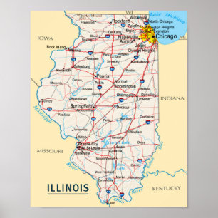 Map Illinois Travel Destination for Home or Office Poster