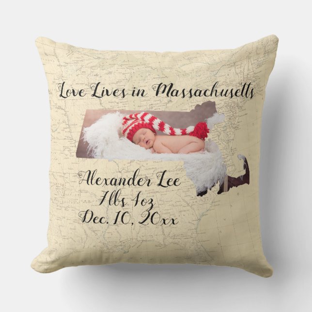 Map Love Lives In Massachusetts State Shaped Photo Cushion (Front)