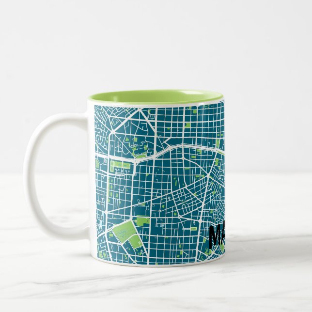 Map minimalist map of Madrid - Blue-Green Two-Tone Coffee Mug (Left)