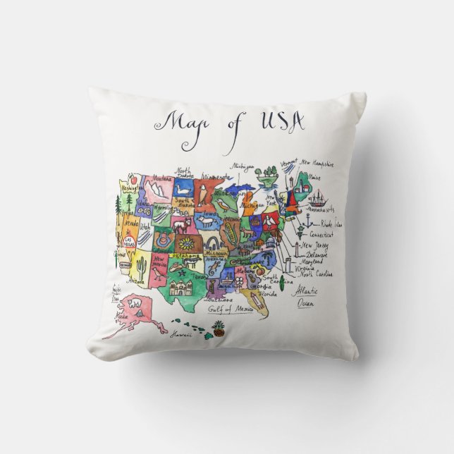 Map of Attractions of United States of America Cushion (Front)